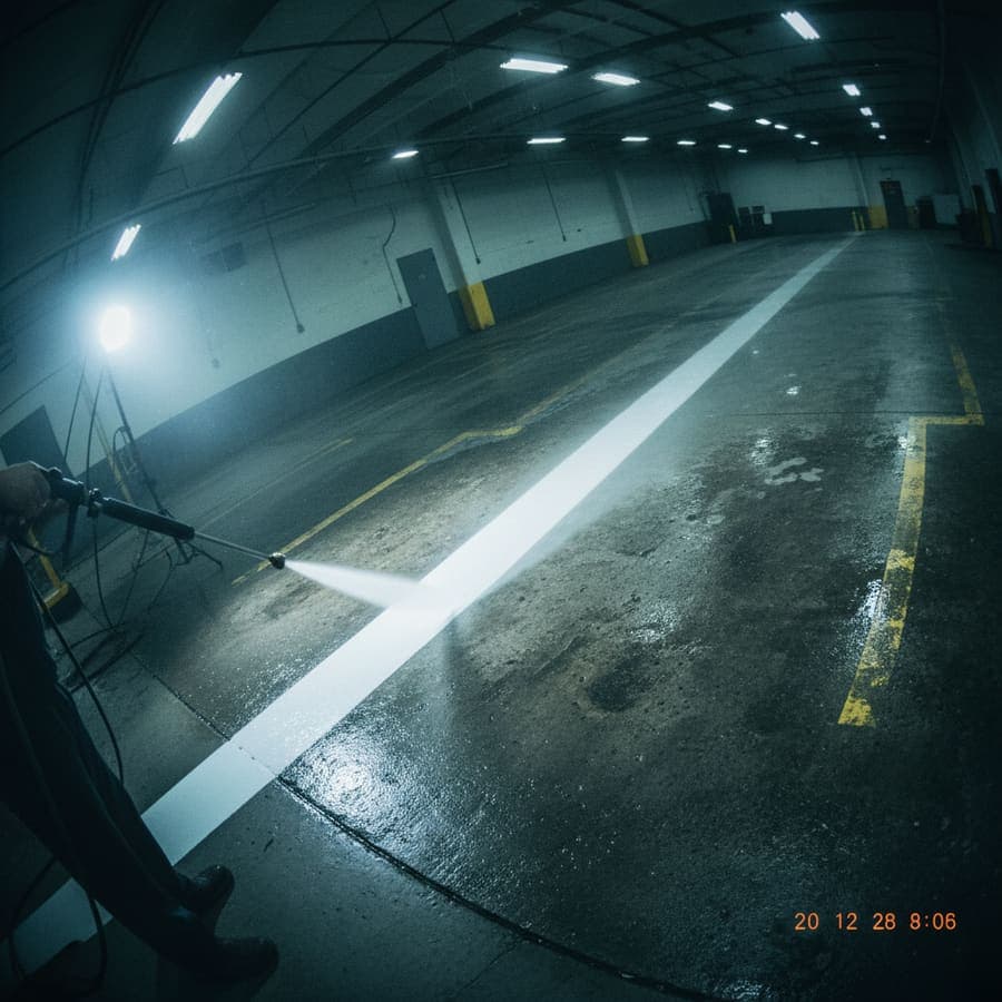 Torrent operator pressure washing a commercial building facade