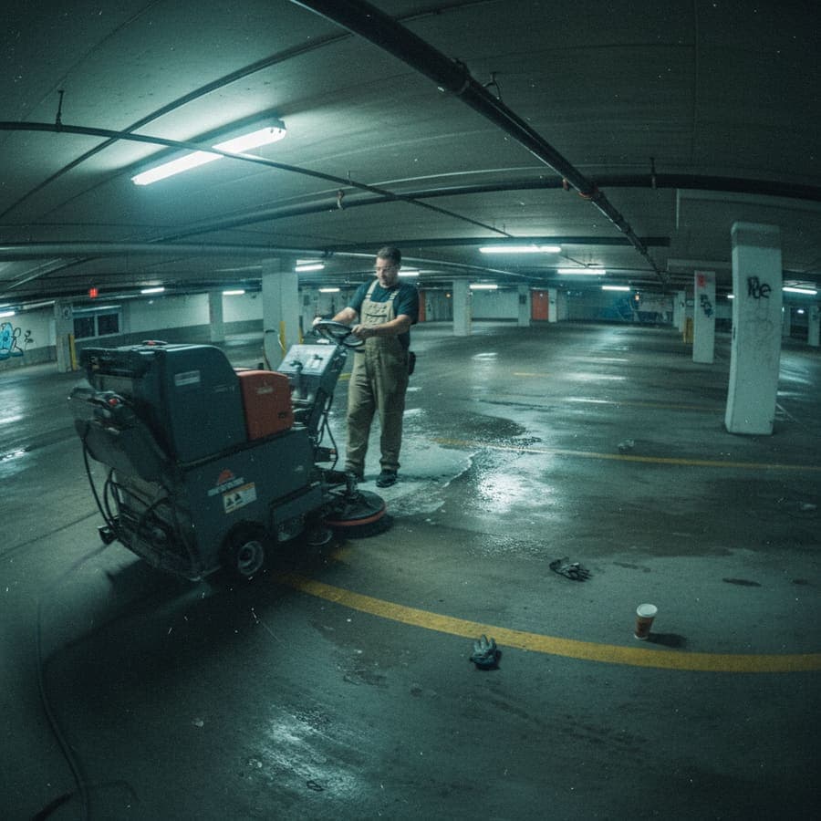 Parking garage deck cleaning with industrial surface equipment