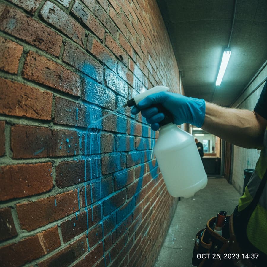 Before and after graffiti removal on a brick exterior wall