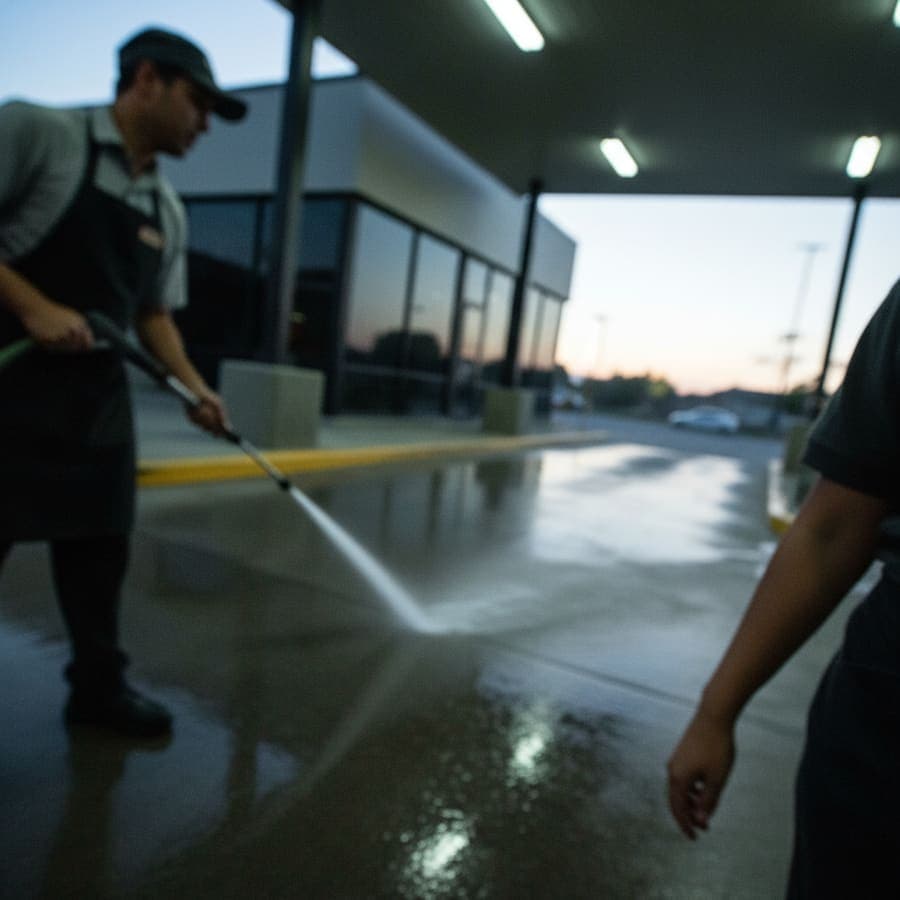 Loading dock degreasing using hot-water commercial pressure washer
